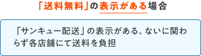 「送料無料」の表示がある場合 「サンキュー配送」の表示がある、ないに関わらず各店舗にて送料を負担