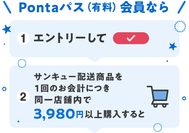 Pontaパス（有料）会員ならエントリーしてサンキュー配送1回のお会計に同一店舗内で3,980円以上購入すると